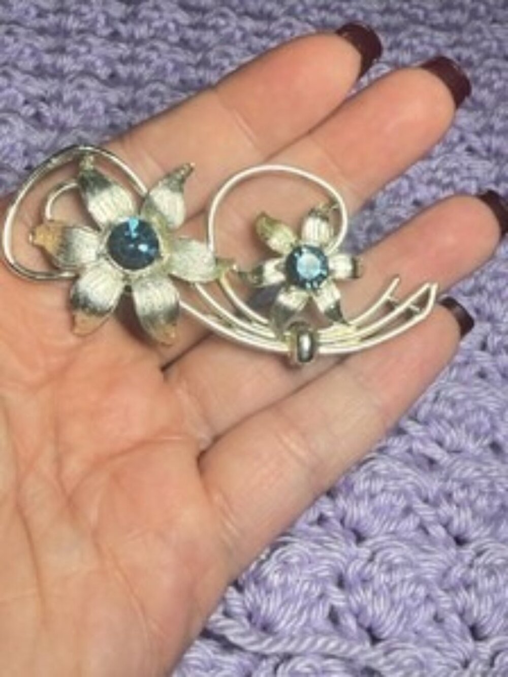 Vintage Blue Rhinestone Floral Brooch Silver Tone Flower Spray Pin 3 inches